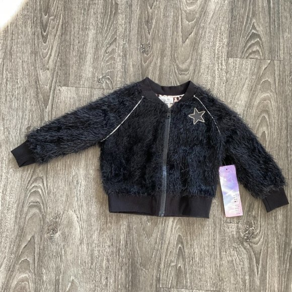 Little Mass Shaggy Stars Bomber Jacket Black Coat Leopard Lined‎ Made In USA NWT